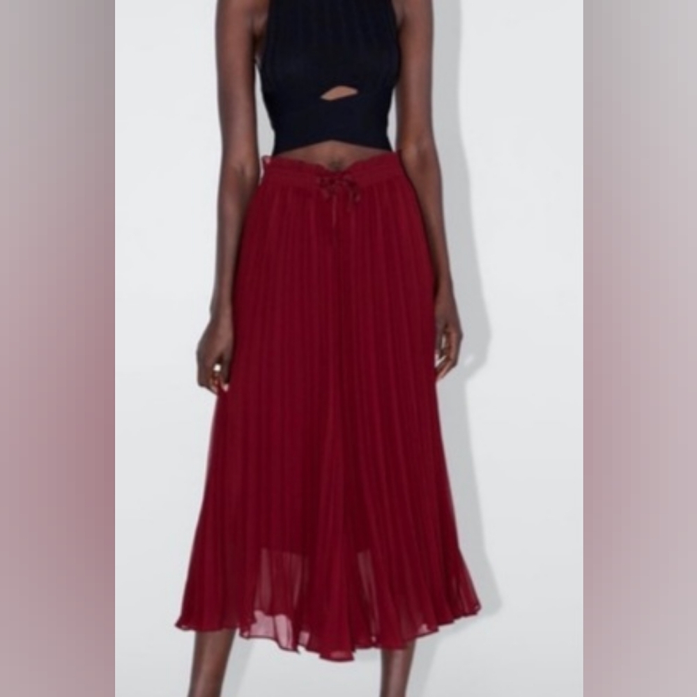 ZARA maroon pleated Palazzo Culotte wide pant trousers - Picture 1 of 5